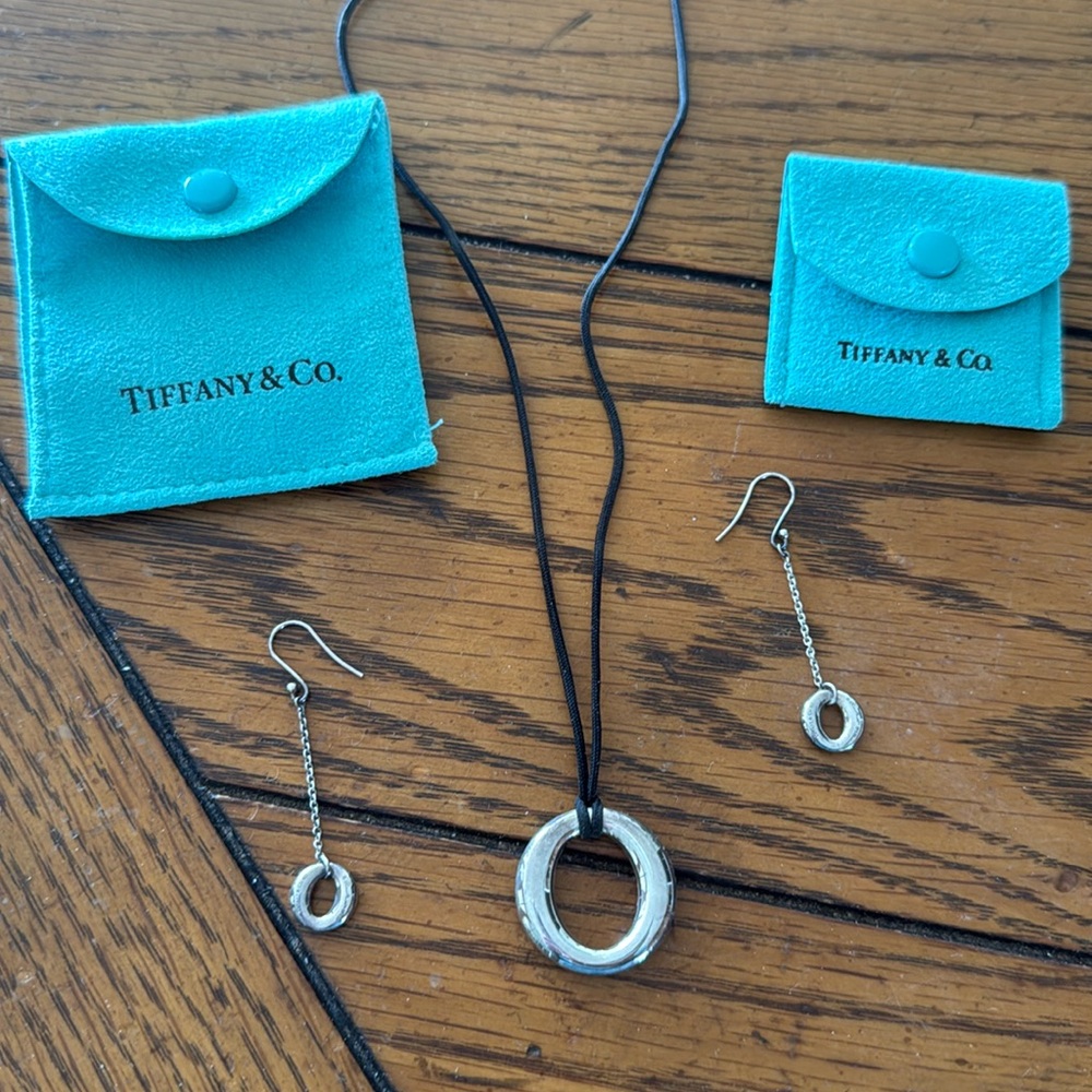 Tiffany & Co Silver necklace on black silk cord and matching earrings